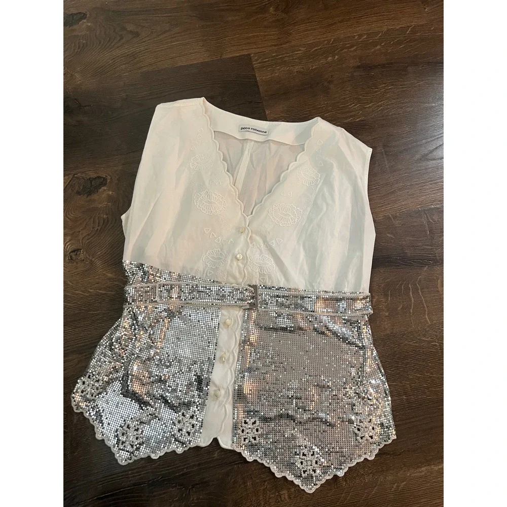 Paco Rabanne White Cotton Embroidered Top Silver Chainmail Mesh Peplum 36 FR